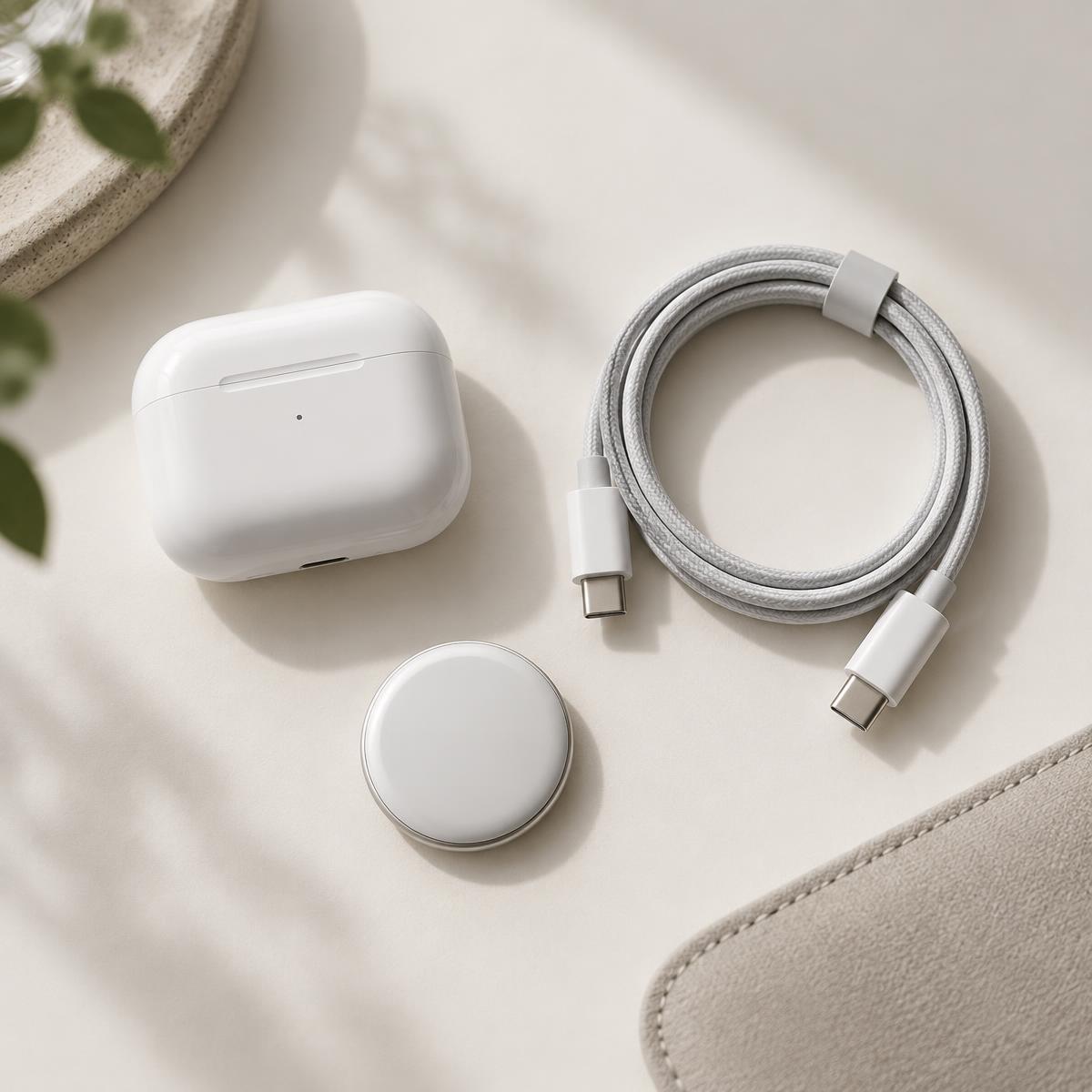 Selectie van originele accessoires: oordopjes, USB-C-kabel en tracker